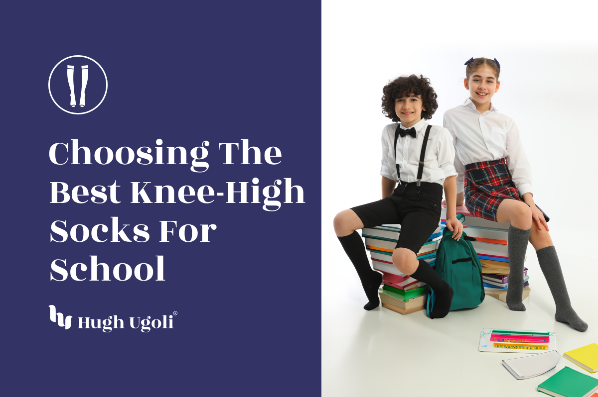 Two children in school uniforms sitting on stacks of books, both wearing knee-high socks, representing the topic of choosing the best knee-high socks for school.